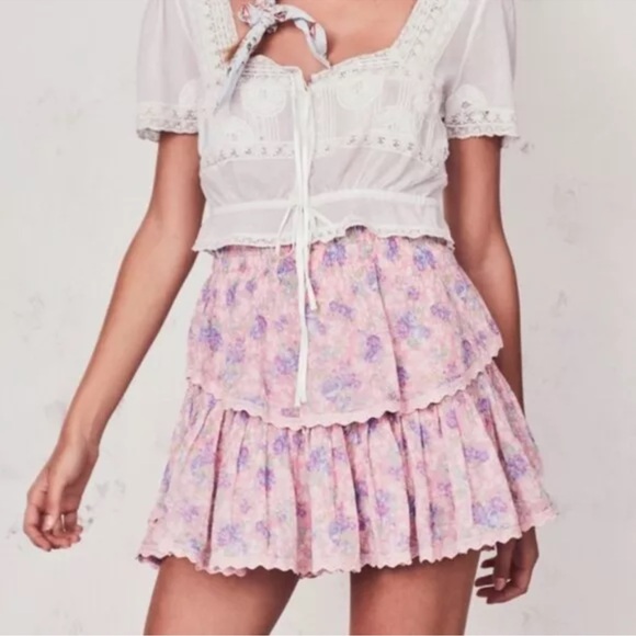 LoveShackFancy Ruffle Mini Skirt in Pink Garden M